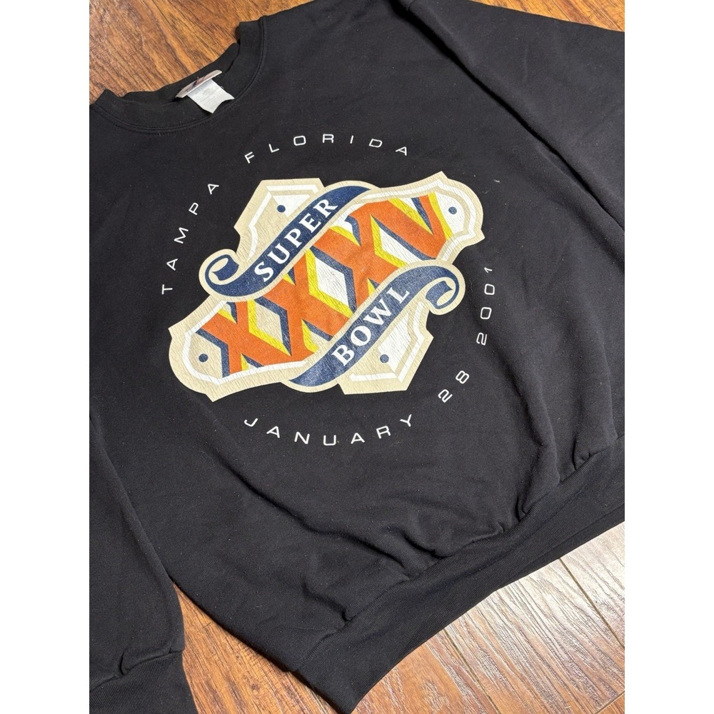 Vintage 2001 Baltimore Ravens Super Bowl Black Crewneck Sweater (Sz L) Tampa FL